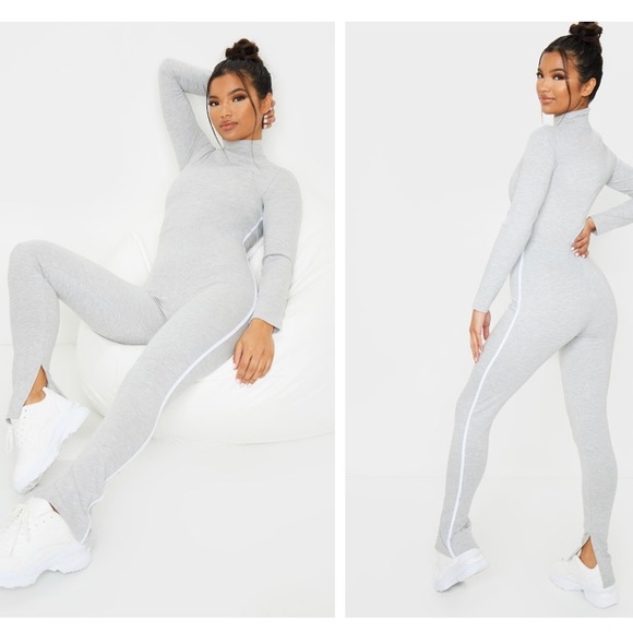 Prettylittlethings Grey Sports Stripe High Neck Jumpsuit - Picture 1 of 9